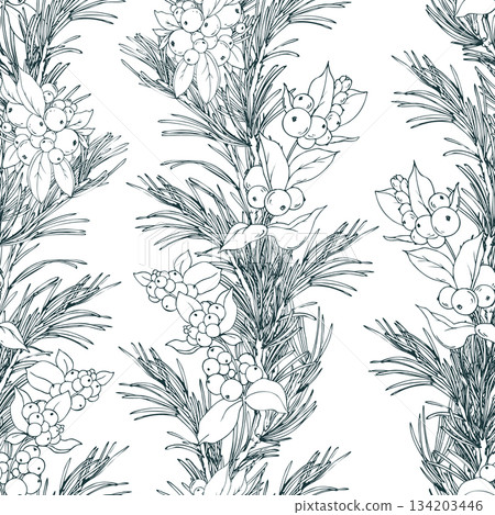 A seamless pattern of pine branches with snowberries and floral garlands. This graphic line art illustration is hand-drawn with pen and ink in monochrome. Christmas, winter, and New Year s print. A seamless pattern of pine branches with snowberries and floral garlands. This graphic line art illustration is hand-drawn with pen and ink in monochrome. Christmas, winter, and New Year s print. 134203446