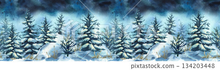 Winter forest watercolor composition with snow covered pine tree, a picturesque natural winter scene for cozy holiday greeting card design. Seamless border long pattern hand drawn illustration 134203448
