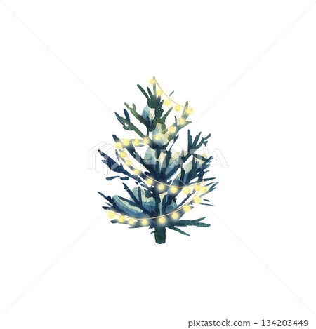 Watercolor Christmas tree decorated with yellow lights. Festive spruce hand drawn illustration for holiday greeting card. Winter season decoration. 134203449