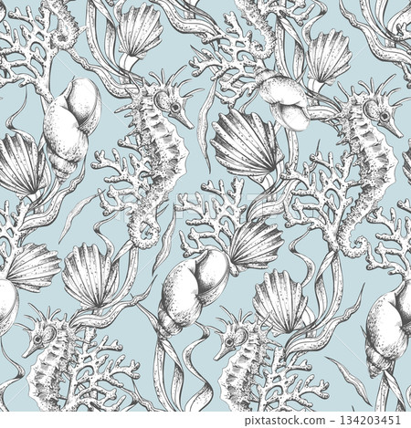 Line art hand drawing of sea horse, seashell, coral, and seaweed. Underwater marine life for fabric print, summer holiday, kids pattern. Outline hand drawn graphic illustration on a blue background 134203451