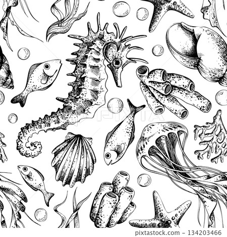 Seamless underwater pattern with line art seahorse, jellyfish, and various marine life. Hand drawn ocean animal illustration for fabric. Outline graphic illustration 134203466
