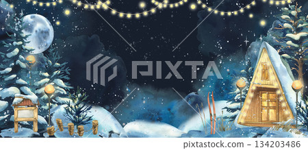 Cozy A-frame cabin in snowy winter forest at night. Christmas holiday landscape with full moon, string lights, skis, and nature retreat. Hand drawn illustration text frame template Cozy A-frame cabin in snowy winter forest at night. Christmas holiday landscape with full moon, string lights, skis, and nature retreat. Hand drawn illustration text frame template 134203486
