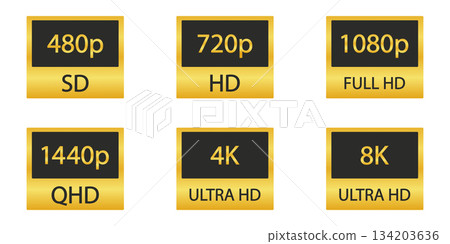 Video Resolution Icons Set. Display Quality And Screen Resolution Gold Symbol Collection. Multimedia And Technology Use. Isolated Vector Illustration Video Resolution Icons Set. Display Quality And Screen Resolution Gold Symbol Collection. Multimedia And Technology Use. Isolated Vector Illustration 134203636