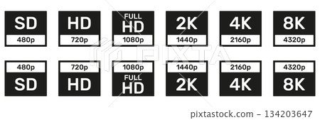 Screen Resolution Badges. Set Of Video Quality Icons. HD, Full HD, UHD, 4K, 8K, SD. HD Quality Set Collection. Isolated Vector Illustration Screen Resolution Badges. Set Of Video Quality Icons. HD, Full HD, UHD, 4K, 8K, SD. HD Quality Set Collection. Isolated Vector Illustration 134203647