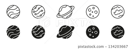 Planet Surface and Crater Line and Solid Icon Set. Astronomy World Sphere Texture Cosmic Object and Exploration Symbol Collection. Editable Stroke. Isolated Vector Illustration Planet Surface and Crater Line and Solid Icon Set. Astronomy World Sphere Texture Cosmic Object and Exploration Symbol Collection. Editable Stroke. Isolated Vector Illustration 134203667