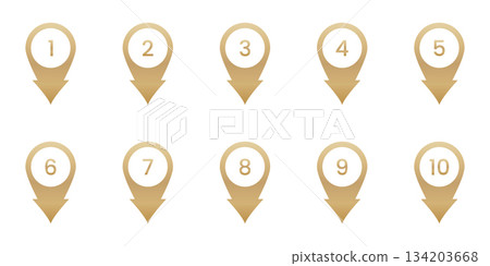 Numbered Gold Location Pin Icon Set. Sequential Numbering And Navigation Golden Marker Symbol Collection. Geolocation, Mapping, And Wayfinding Design Elements. Isolated Vector Illustration Numbered Gold Location Pin Icon Set. Sequential Numbering And Navigation Golden Marker Symbol Collection. Geolocation, Mapping, And Wayfinding Design Elements. Isolated Vector Illustration 134203668