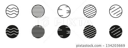 Planet Surface Textures and Line Patterns Icon Set. Astronomy Spheres With Stripes Waves Cosmic Design and Celestial Symbol Collection. Isolated Vector Illustration 134203669