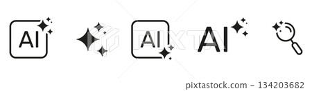 Artificial Intelligence Sparkle Stars AI Search Magnifying Glass Line Icon Set. Machine Learning Discovery Automation Data Exploration Creative Tools Silhouette Symbol. Isolated Vector Illustration 134203682