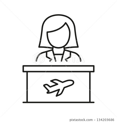 Female Airport Check-In Desk Icon. Airline Customer Service And Travel Assistance Outline Symbol. Aviation Industry And Passenger Support. Editable Stroke. Isolated Vector Illustration 134203686