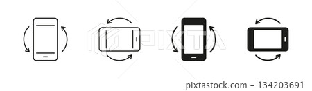 Phone Screen Turning Line and Solid Icon Set. Mobile Device Rotation With Arrows Showing Interaction, Motion and Orientation Adjustment Symbol Collection. Isolated Vector Illustration 134203691