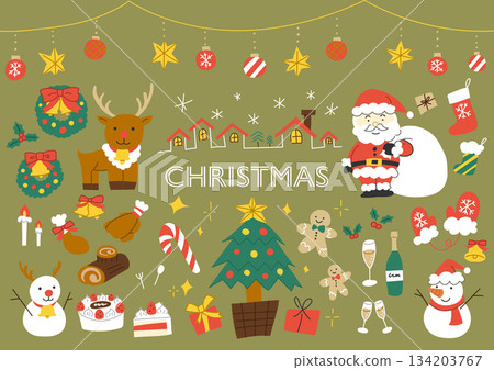 Hand-drawn colored illustration set of Christmas items Hand-drawn colored illustration set of Christmas items 134203767