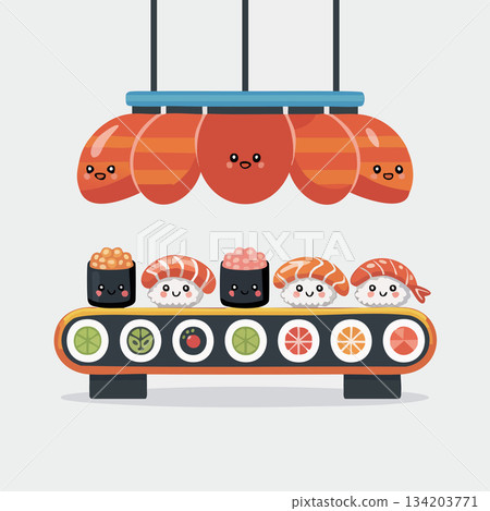 kawaii sushi conveyor belt with tiny smiling characters 134203771