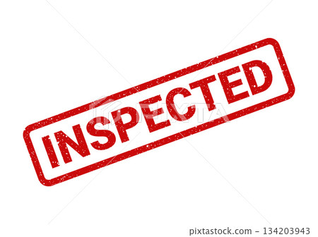 A bold red grunge rubber stamp impression stating INSPECTED on a clean surface, indicating a completed check A bold red grunge rubber stamp impression stating INSPECTED on a clean surface, indicating a completed check 134203943