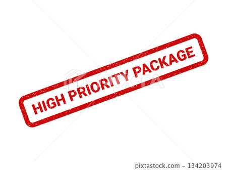A distressed red rubber stamp with the text HIGH PRIORITY PACKAGE for urgent mailing and delivery services 134203974