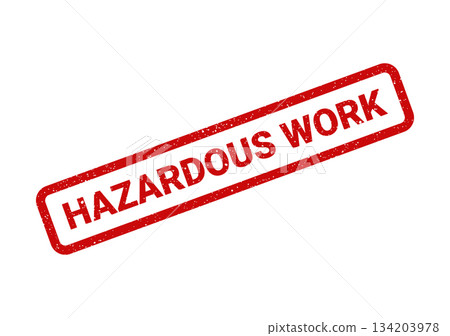 A distressed rubber stamp displaying Hazardous Work within a rectangular border, for critical safety communication A distressed rubber stamp displaying Hazardous Work within a rectangular border, for critical safety communication 134203978
