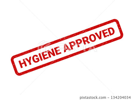 A rectangular textured stamp displaying hygiene approval, ensuring cleanliness and health standards are met 134204034