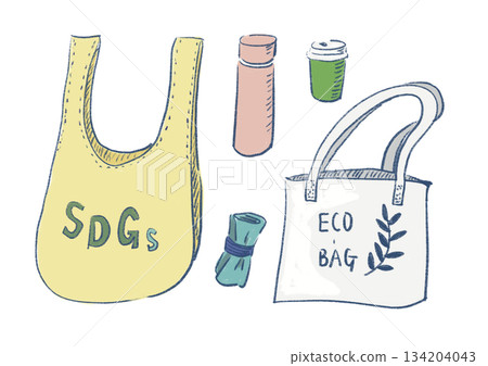 環保物品插圖，例如環保袋和我的水瓶 | 環保袋、永續發展目標、我的水瓶 134204043