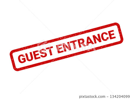 A red rectangular rubber stamp showing the words GUEST ENTRANCE with a distressed aged appearance 134204099