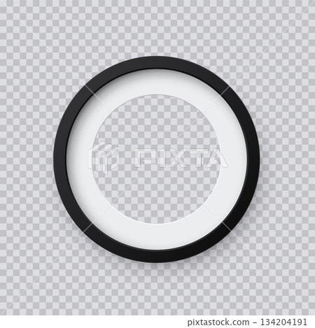 Round picture frame with minimalist design. Black circular photo frame isolated on transparent background. Empty mockup. 3d realistic template vector illustration 134204191