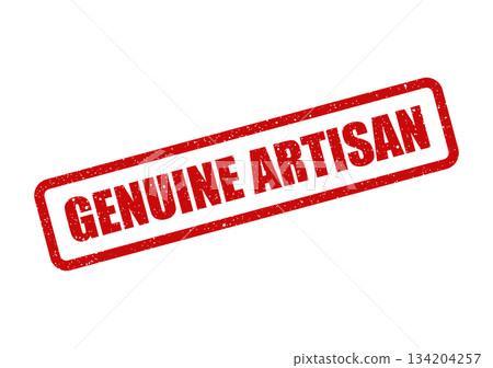 Distressed rectangular rubber stamp mark displaying GENUINE ARTISAN for validating handmade goods and skilled craftsmanship Distressed rectangular rubber stamp mark displaying GENUINE ARTISAN for validating handmade goods and skilled craftsmanship 134204257