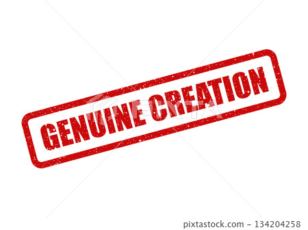 Distressed rectangular rubber stamp mark displaying GENUINE CREATION for validating original ideas and new intellectual property 134204258