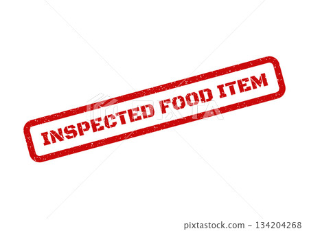 Distressed rectangular rubber stamp showing INSPECTED FOOD ITEM text, indicating quality control for edibles Distressed rectangular rubber stamp showing INSPECTED FOOD ITEM text, indicating quality control for edibles 134204268