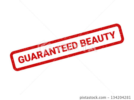 Distressed rectangular seal featuring guaranteed beauty text for aesthetic service and product endorsement 134204281