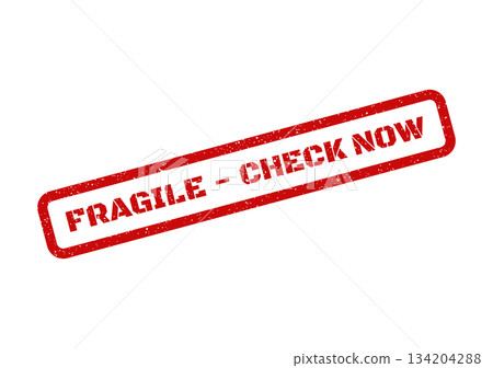 Distressed rectangular stamp featuring FRAGILE CHECK NOW message for careful handling and immediate inspection of goods Distressed rectangular stamp featuring FRAGILE CHECK NOW message for careful handling and immediate inspection of goods 134204288