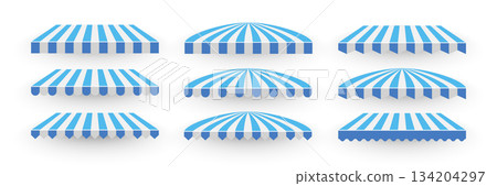 Blue and white striped awning set. Collection of different shop canopies. Storefront sunshade elements for market stalls, cafes, outdoor shops. Realistic vector illustrations 134204297