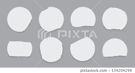 Torn white paper circles with rough ripped edges isolated on gray background. Document mockup, newspaper cutout, scrapbooking elements, labels, stickers. Realistic vector illustration set 134204299