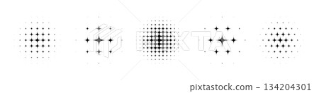 Abstract halftone star dotted round patterns. Black geometric shapes with gradient effect on transparent background. Minimalistic, futuristic, graphic vector illustrations set 134204301