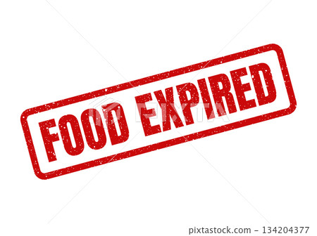 Distressed red rubber stamp effect label with bold capital letters saying food expired message Distressed red rubber stamp effect label with bold capital letters saying food expired message 134204377