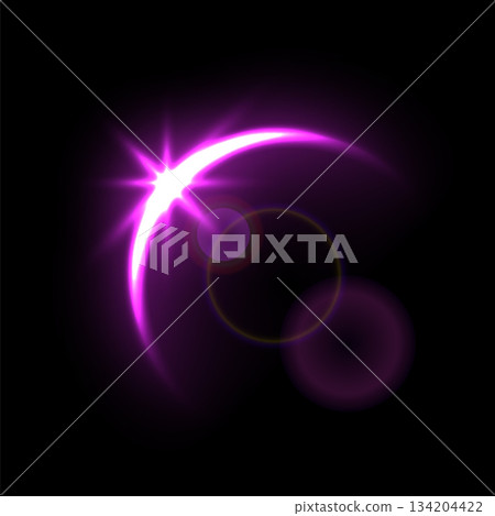 Solar eclipse overlay effect on black background vector illustration. Neon purple blazing star edge behind planet in dark sky or space, sunrise in cosmos Solar eclipse overlay effect on black background vector illustration. Neon purple blazing star edge behind planet in dark sky or space, sunrise in cosmos 134204422