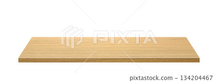 Wood table with perspective view. Wooden desk isolated on transparent background with top front view. Realistic kitchen board vector illustration. Rustic countertop of timber surface, floor, deck 134204467