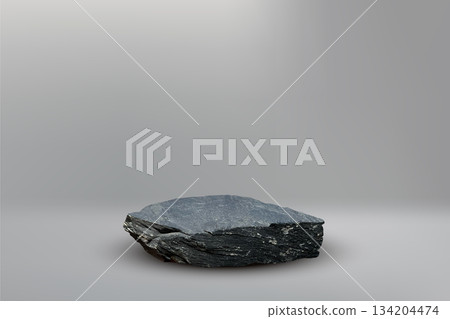 Stone podium background. Rock stand product display. Natural black marble pedestal on gray wall for product placement. Modern minimal cosmetic design. Fashion beauty realistic vector illustration Stone podium background. Rock stand product display. Natural black marble pedestal on gray wall for product placement. Modern minimal cosmetic design. Fashion beauty realistic vector illustration 134204474