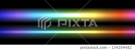 Neon light laser line in white, yellow, red, pink, blue and green colors. Vector night realistic electric stripes fluorescent led light bar collection isolated on black background 134204482
