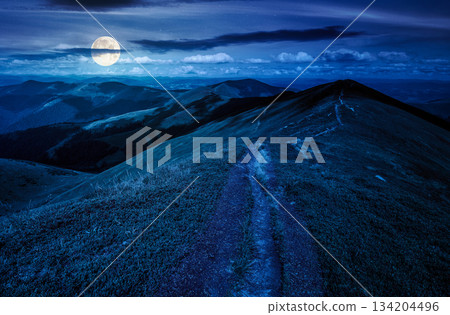 landscape with footpath on top of mountain ridge with grassy slopes at night. beautiful scenery on summer weather with clouds on sky in full moon light. backdrop for fiction art or mystery concepts 134204496