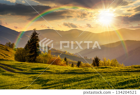 beautiful countryside landscape in springtime at sunset. green grassy slopes of mountainous rural area in evening light. hills rolling in to the distance. timeless nostalgia book cover with rainbow beautiful countryside landscape in springtime at sunset. green grassy slopes of mountainous rural area in evening light. hills rolling in to the distance. timeless nostalgia book cover with rainbow 134204521