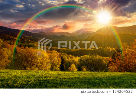 forested hills in spring at sunset. beautiful scenery in mountains in evening light. rolling countryside landscape. remote rural region in highlands. timeless nostalgia book cover with rainbow forested hills in spring at sunset. beautiful scenery in mountains in evening light. rolling countryside landscape. remote rural region in highlands. timeless nostalgia book cover with rainbow 134204522