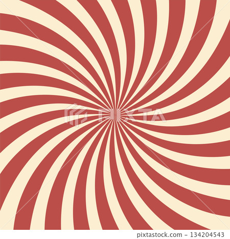 Circus background of spiral red beige rays vector illustration. Vintage radial swirl pattern with sunbeams or starburst strip. Circus, carnival, summer fair or chapiteau backdrop 134204543
