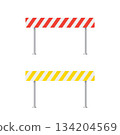 Road barrier signs with white, yellow and red stripes vector set. Traffic sign icon. Warning, attention, danger, under construction, barrier, roadblock, caution, security signboard 134204569