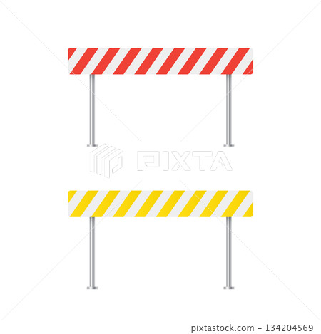 Road barrier signs with white, yellow and red stripes vector set. Traffic sign icon. Warning, attention, danger, under construction, barrier, roadblock, caution, security signboard Road barrier signs with white, yellow and red stripes vector set. Traffic sign icon. Warning, attention, danger, under construction, barrier, roadblock, caution, security signboard 134204569