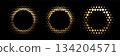 Gold dotted round patterns. Golden frames with halftone effect. Abstract shining background with light glow elements. Glitter pattern circle emblem. Modern futuristic graphic vector illustration set 134204571
