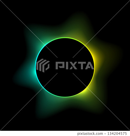 Neon color round frame with gradient effect. Abstract blurred green yellow light circle background. Colored bright blending wavy icon. Colorful geometric graphic vector illustration isolated on black Neon color round frame with gradient effect. Abstract blurred green yellow light circle background. Colored bright blending wavy icon. Colorful geometric graphic vector illustration isolated on black 134204575