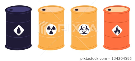 Metal barrels containing oil, explosive flammable liquids and toxic waste. Chemical and nuclear pollution storage. Gasoline tank. Petroleum cask. Hazardous substance. Vector isolated set Metal barrels containing oil, explosive flammable liquids and toxic waste. Chemical and nuclear pollution storage. Gasoline tank. Petroleum cask. Hazardous substance. Vector isolated set 134204595