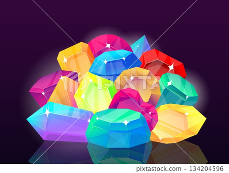 Mountain of sparkling gemstones and crystals against dark background. Rubies and emeralds. Jewel quartz minerals. Faceted rhinestones. Reflection from precious stones. Vector gems heap Mountain of sparkling gemstones and crystals against dark background. Rubies and emeralds. Jewel quartz minerals. Faceted rhinestones. Reflection from precious stones. Vector gems heap 134204596