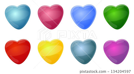 Multicolored glass hearts. Glossy beads. Valentine icon. Wedding balloon. Romantic isolated bubbles. Abstract figure. Party decoration. Vector set of transparent crystal symbols of love 134204597