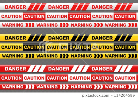Multicolored warning and prohibition adhesive tapes. Restriction zone. Prohibited cordon. Security barricade seamless stripe. Forbidden border. Vector set of barrier fencing ribbons 134204599