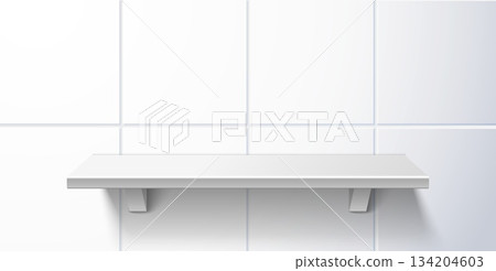 Realistic white shelf in bathroom on wall with ceramic square tiles. Toilet interior. Restroom furniture. Storage board surface. Clean countertop. Room furnishing. Vector 3D object mockup 134204603
