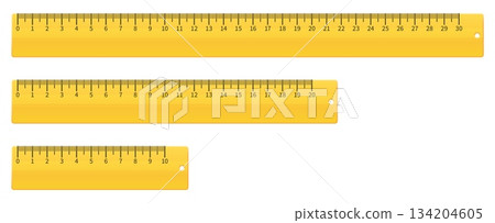 Realistic yellow measuring rulers ten, twenty and thirty centimeters long. Millimeter measurement. Straight lines. School isolated accessories. Plastic scale. Vector stationeries set 134204605